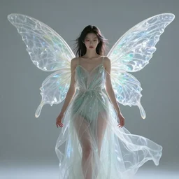 prompt portrait of beautiful female fairy, translucent dress, fluid simulation, wispy gigantic wings