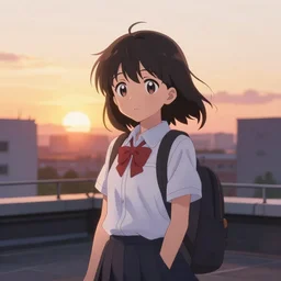 cute anime girl on school roof at sunset