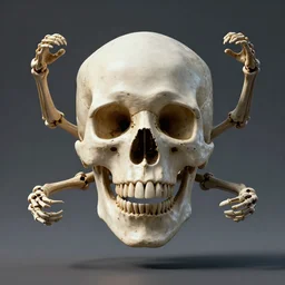 massive floating skeleton head with 4 arms, photograph