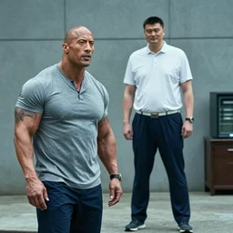 dwayne johnson playing yao ming in a biopic film, wide shot