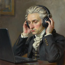 photorealistic oil painting of Mozart lofi beats to study relax to headphones jamming out concentrating