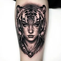 tattoo design of a beautiful girl warrior under a tiger head, hyper realistic, realism tattoo, by eliot kohek, beautiful eyes, realistic face, black and white, white background