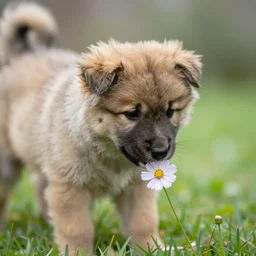 a keeshond puppy smelling a flower, sigma 8 5 mm f / 1. 4