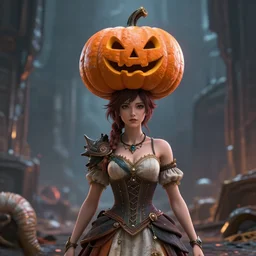 beautiful detailed fantasy woman wearing a dress and a pumpkin on her head, character portrait, epic fantasy, 3d with depth of field, blurred background, female, nautilus. A highly detailed epic cinematic concept art CG render. made in Maya, Blender and Photoshop, octane render, excellent composition, cinematic dystopian brutalist atmosphere, dynamic dramatic cinematic lighting, aesthetic, stylized, very inspirational, Koda Kazuma, Hayao Miyazaki, Tetsuya Nomura, Yusuke Murata