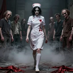 an evil woman in a zombie nurse uniform. blood stains. creepy dolls head with black button eyes walking towards the camera like a zombie. mist, silk, teeth. by zdzisław beksinski, dariusz zawadzki, mariusz lewandowski, tom bagshaw, aeron alfrey, bernie wrightson, daarkenm, boris groh