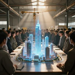 large group people in a frame warehouse, looking at hologram of futuristic city on a table, cinematic concept art, godrays, golden hour, natural sunlight, 4 k, clear details, tabletop model buildings, center tabletop mini skyscrapers, hologram center, crane shot, crane shot, crane shot