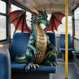 hyper realistic dragon sitting on a chair inside a bus