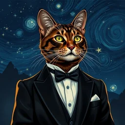 in the style of starry night, d & d style full body portrait, tabaxi male in a tuxedo, in the style of starry night.