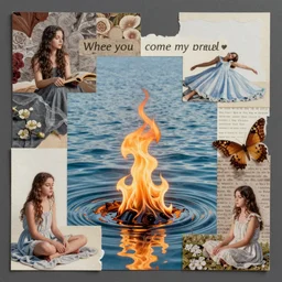 where you coming to my dreams i'm burning water detailed and highly reliefed analogue mixed media collage with canvas texture in style of conteporary art, punk art, photorealistic, expressionism, masterpiece, perfect composition, spectacular quality, intricate oil details