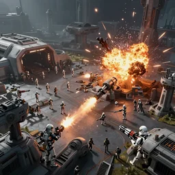 aerial long shot, sci - fi battlefield, star wars republic clones versus droid with blaster fire and explosions, digital art, art station, render, volumetric light