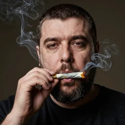 A portrait of borat sagdiyev smoking a rolled marijuana joint, 8k, hyper-detailed