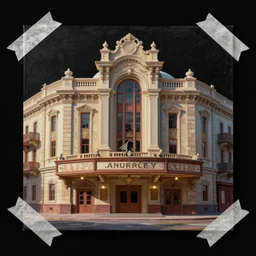 rendered in blender beautiful old theater building, black background, collage paper and tape, acrylic on canvas, high resolution, cinematic, unreal 6, breathtaking detailed, by ozdemir altan