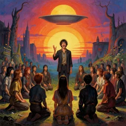a picture of a happy subgenius at a alter speaking to a crowd of kneeling cultists, a saucer in the sky, sunrise, a detailed matte painting by mort kunstler, pixiv, kitsch movement, hellish background, movie poster, official art