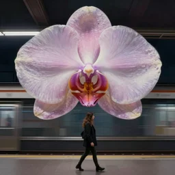 giant carnation flower orchid head, woman walking in a metro station, surreal photography, clouds, dark ambient, dramatic light, volumetric lighting, impressionist painting, digital painting, artstation, simon stalenhag