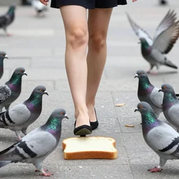 a slice of bread walking on female legs being attacked by pigeons