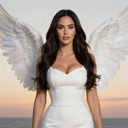 Portrait of Megan Fox as an elegant woman with white angelic wings, sunset, fantasy, anime, vibrant, intricate details, trending on ArtStation, Deviantart, by WLOP