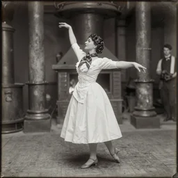 wet plate photograph portrait of scarves dancer in victorian era boiler room, coal inferno
