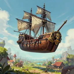 pirate ship fly high sky nekclace clothing fashoin village pretty place landscape concept art City fantasy artwork