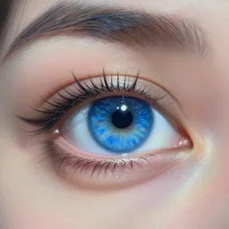 the blue abyss of a beautiful blue eye, 8 k quality, maximum detail, high quality, reflection of light, glare, reflections, good study of style, depth of field, focus, painting in the style of hyperrealism