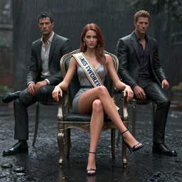 3 d octane render unreal engine of miss of the world sitting on the chair in the rain by greg rutkowski and conrad roset and wlop and artgerm