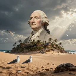 a photochrom of George Washington surviving on seagulls while stranded on a desert island