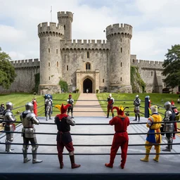 boxing ring in medieval castle, knights and jesters gathered around, dslr photo, national geographic, live footage