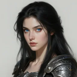 Portrait of female warrior, D&D, blue eyes, face, long black hair, fantasy, intricate, elegant, highly detailed, digital painting, artstation, concept art, smooth, sharp focus, illustration, art by artgerm and greg rutkowski and alphonse mucha