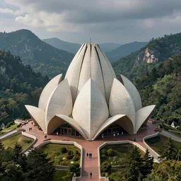 A beautiful hyper realistic detailed matte painting of a lotus shaped temple nestled in forest mountains by John Howe and Albert Bierstadt and Alena Aenami and dan mumford and dave noton, unreal engine, trending on behance