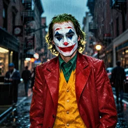 flash photography of the joker on the lower east side by annie leibovitz, colorful!!, nighttime!, raining!