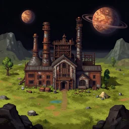 in front of a old factory, in a remote outpost, on an alien planet, from a space themed point and click 2 d graphic adventure game, set design inspired slightly by hg giger and tomb raider, art inspired by thomas kinkade and william alexander