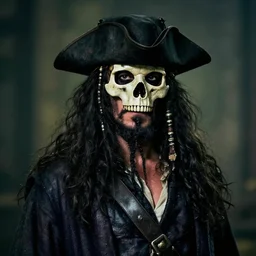 portrait photo of an old pirate lord wearing black hat, black coat and a skull bone mask, long black beard and long black hair, dramatic cinematic lighting, movie scene, dslr photo, depth of field