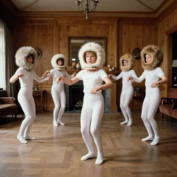 realistic documentary photo of a a family of students wearing white tights, wearing wooden eggs astronaut furry hairy fluffy helmets hats made of wood, dancing in a spacious luxury wooden living room with wooden walls 1 9 9 0, life magazine reportage photo, neutral colors, neutral lighting, a film by david lynch