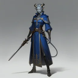 character art concept, full body, tiefling cleric gunslinger ayami kojima style, grey skin, fine detailed, demon tail, blue cleric robe with golden embroidery, character design, game design dark fantasy