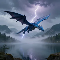 blue lightning dragon flying over big lake, misty fog, mountains in background, thunder and lightning, dungeons and dragons