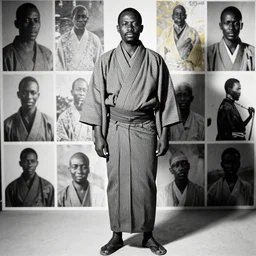an african chief wearing a Japanese Kimono, african facial features, full body shot, rembrandt lighting, black & white, colorful background, 35mm, magazine collage,