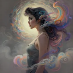 side profile, cyberpunk pinup girl, blade runner, elegant, highly detailed, concept art, smooth, colorful swirly magical clouds, muted colors, by huang guangjian, sachin teng, greg rutkowski, jesper ejsing, ilya kuvshinov, artgerm, mucha