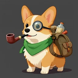 Anthropomorphic Corgie with Pipe in his mouthe a green scarf around his neck a monocle up to his eye and a backpack full of wares, D&D Art, Fantasy, by Vince Ruz