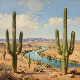 A grand scale painting of a desert landscape with saguaro cacti and the Rio grande river, In the style of Thomas Cole, Ultra detailed, 4k resolution,