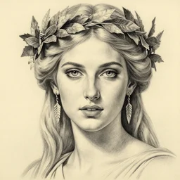 pencil drawing of a beautiful greek goddess aphrodite wearing a greek leaf crown and arrowhead earrings, beautiful piercing eyes with sexy look, beautiful blonde hair, hyper realistic face, in the style of greg rutkowski, fantasy, amazing detail, epic, elegant, smooth, sharp focus, from the front