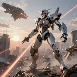biomechanical waifu mecha war against andromeda alien spacecraft, ashley wood syd mead moebius, beautiful details, wide angle action shot, photorealistic, high end design, 8 k, octane render, neo tokyo nuclear holocaust sunsrise background, mist, ornate, lasers, volumetric lighting - h 1 2 0 0