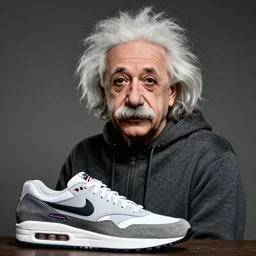 a photo of Albert Einstein with a hoody and Nike Air Max in 2020, 4K