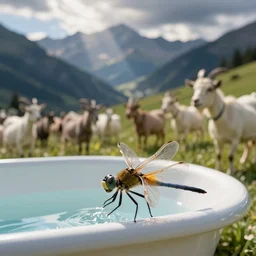 dragonfly in a bathtub in the alps, goat!!!!!!!!!!!! herd!!! in background