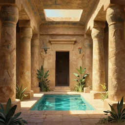 Ancient Egypt interior with a pond and plants, digital art