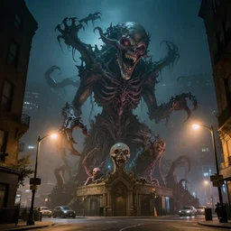 an esoteric monstrosity made of various lovecraftian horrors towering above a city street on a foggy night illuminated by street lamps.