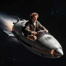 film still from a sci fi movie made in 2022, set in 1860, of a man piloting a fast spaceship through space, wearing 1860s era clothes, cinematic lighting, 4k, sharp focus, detailed