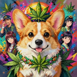 beautiful anime painting of corgi cannabis god, by noah bradley, patrick woodroffe, posuka demizu, qing han, trending on artstation, 8 k, masterpiece, graffiti paint, fine detail, full of color, intricate detail, golden ratio illustration