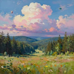 A vast forest valley gives way to an open grass land under psychedelic puffy clouds by Peter Mohrbacher, Jordan Grimmer and Sylvain Sarrailh, 4k photorealistic conceptartworld oil on canvas