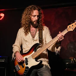 funky jesus on bass guitar in nightclub