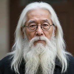 man in his 5 0 s with long white hair, a long white chin beard without mustache and small round glasses