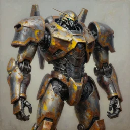 an intricate oil painting of a giant armored plated metal mecha by simon stalenhag, rust, yellow and black trim, trending on artstation
